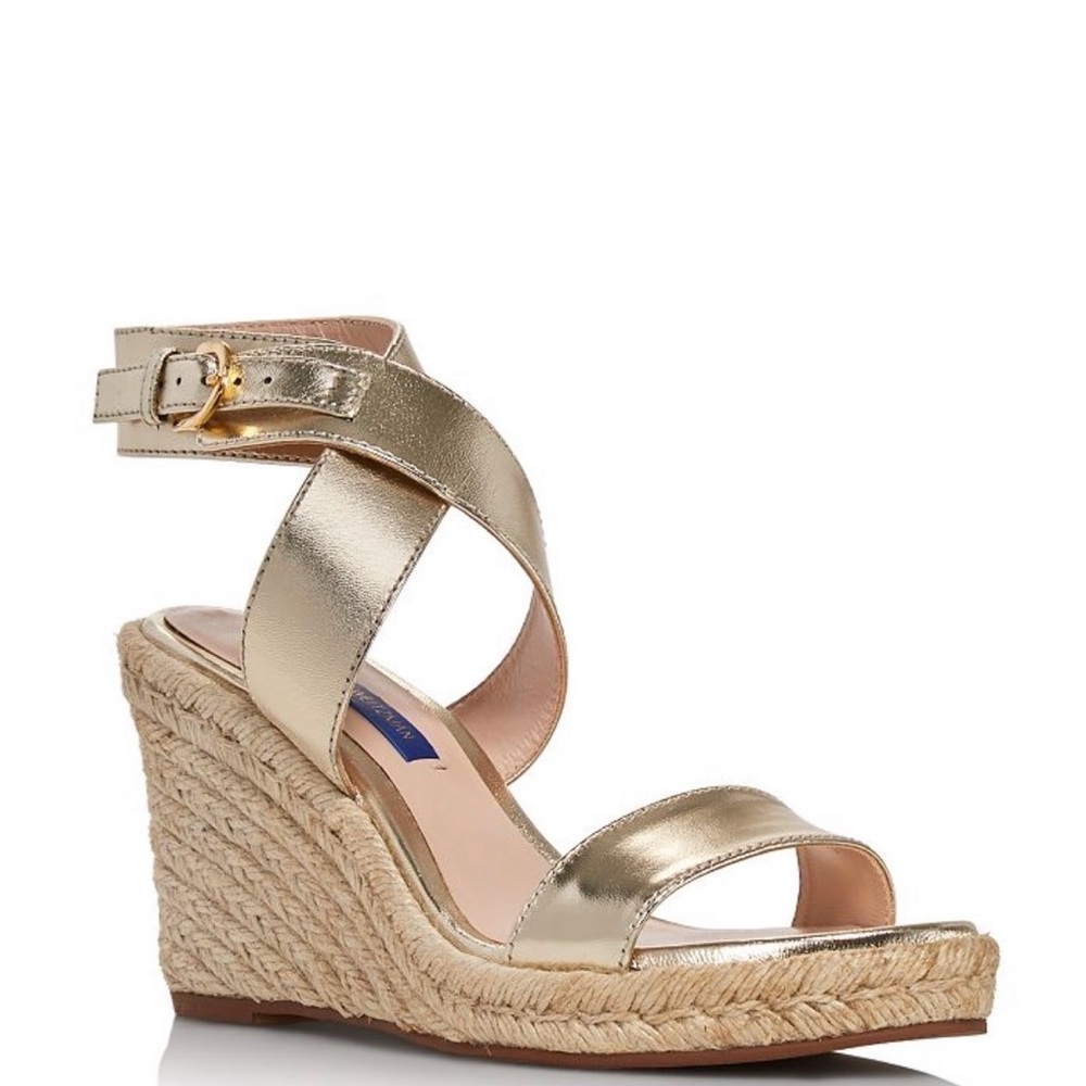Stuart Weitzman “Lexia” Platino (Soft Gold) Metallic Ankle-Strap Sandals